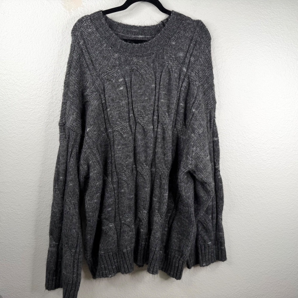 American Eagle Gray Sz XXL Cable Knit Sweater Oversized Wide Cuff Cozy Cabin